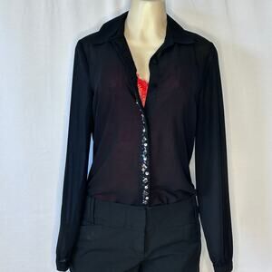 NY collection Black Sheer Embellished Button Down Blouse Medium Jewel Detail